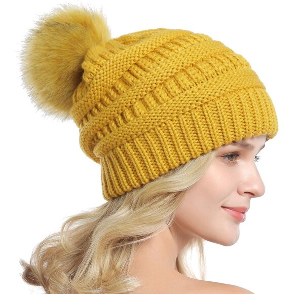 Women Ginger Soft Acrylic Thick Baggy Knit Winter Faux Fur Pompom Beanie - Picture 4 of 6